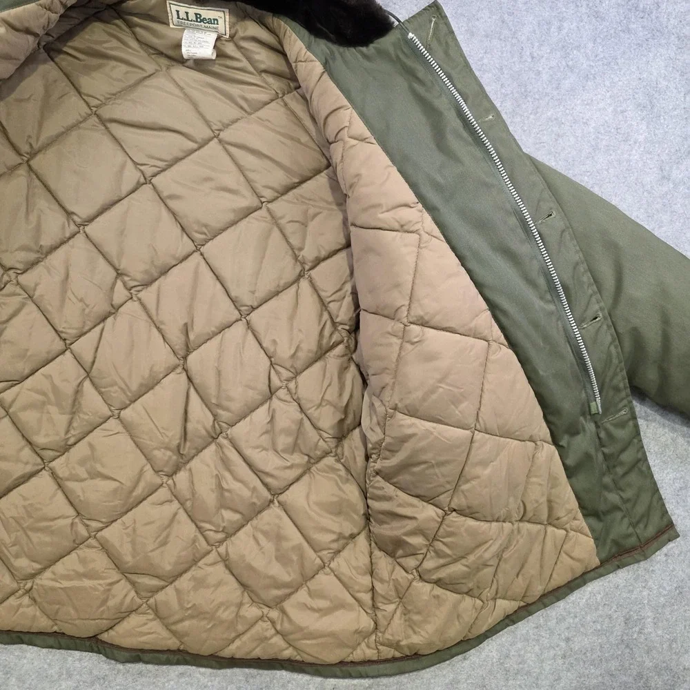 VTG LL Bean Parka Coat Mens 44 Green Hooded Canvas Fur Lined Insulated Military
